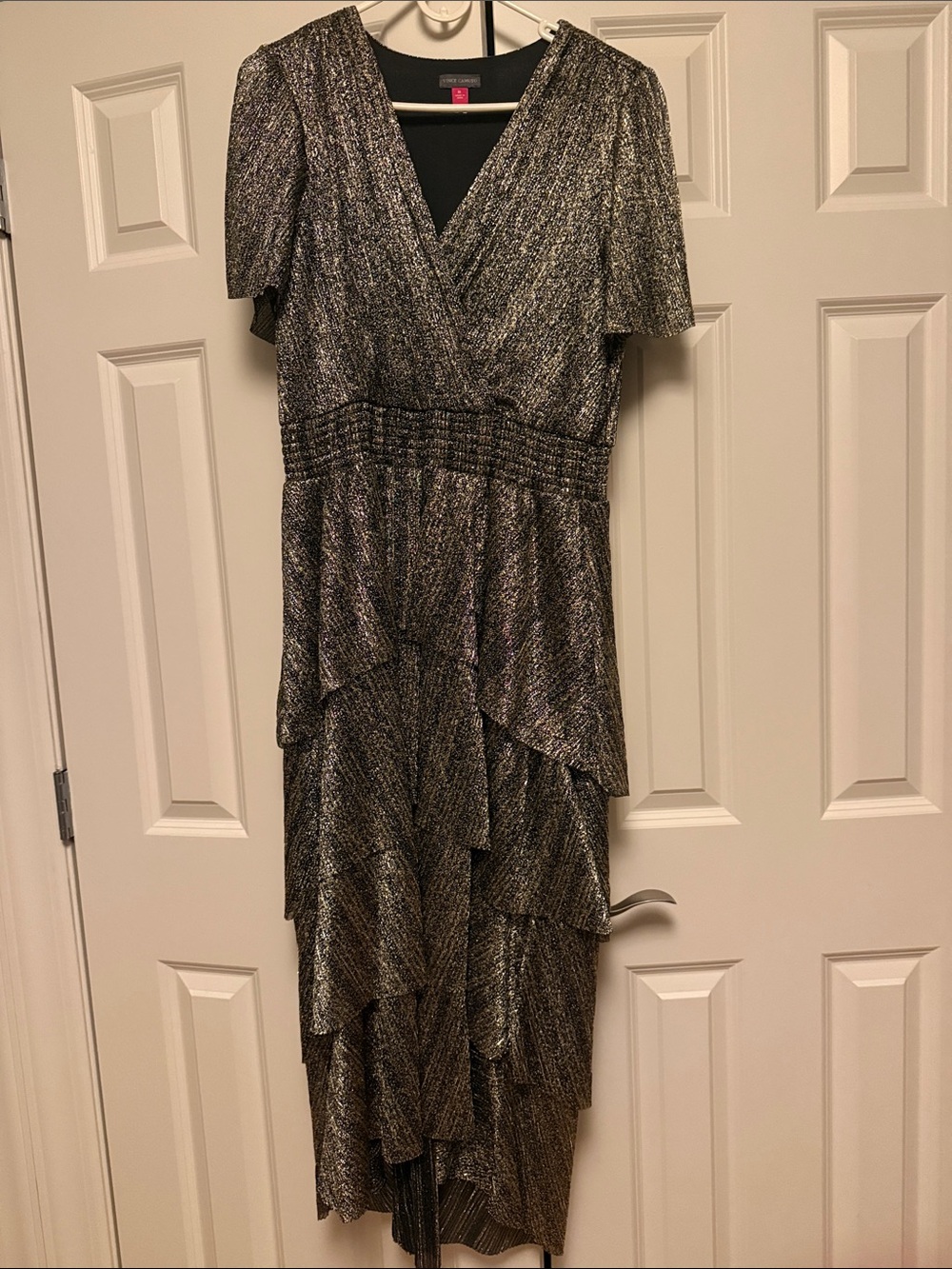 Vince Camuto Black and Gold Metallic Tiered Midi Dress
